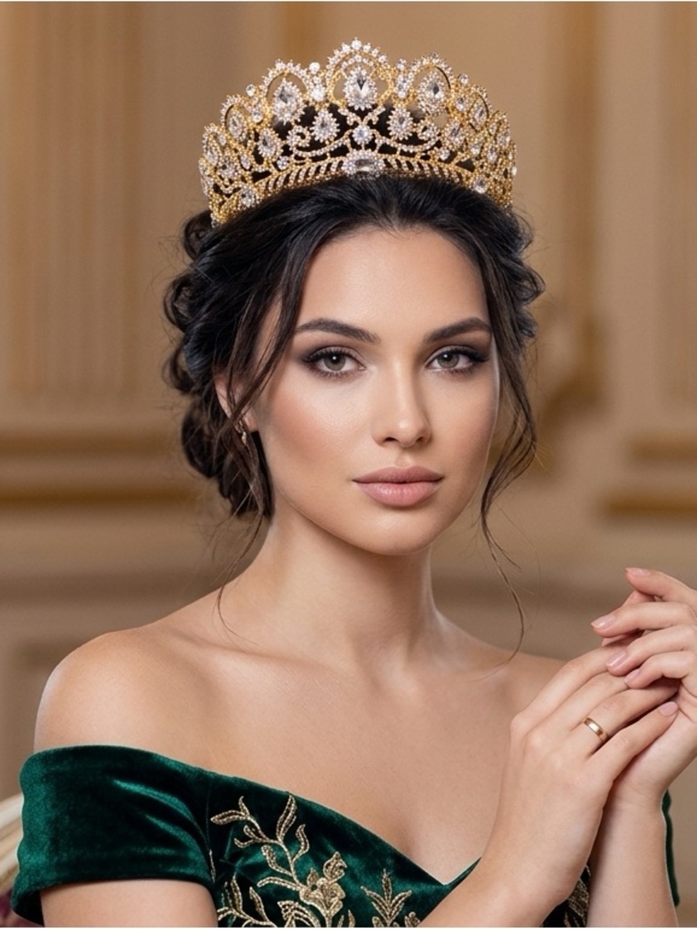Gold Crystal Filigree Tiara Crown - Elegant Women’s Accessory